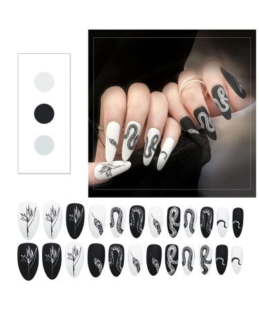 24Pcs Long Coffin Snake Fake Nails with Glue - Black/White French Tips - Buy Online on GoSupps.com