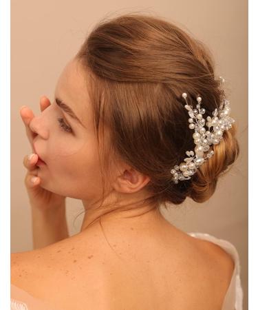 Deniferymakeup Bridal Pearl Headband Leaf Hair Piece Crystal Hair Vine Wedding Hair Accessory for Women and Girls (Silver) - Buy Online on GoSupps.com