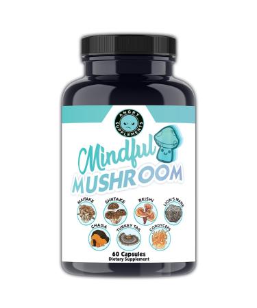 Angry Supplements Mindful Mushrooms Capsules - 7in1 Premium Health Shroom Blend of Maitake Shiitake Reishi Turkey Tail Cordyceps Lions Mane and Chaga Mushrooms (60ct) 60 Count (Pack of 1)