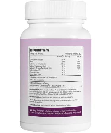 Nutra L-Glutathione Tablets - Youthful Glowing Skin | Biotin Vitamins A C E Alpha Lipoic Acid & Grape Seed Extract - 30 Tablets - Buy Online on GoSupps.com