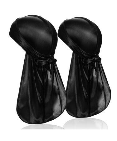 DACKRITO 2 Pieces Silky Durag Pack for Men Women, Premium Satin Doo Rag Headwrap with Long Tail for 360 Waves,BLACK+BLACK,One Size (Pack of 2)