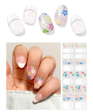 Semi Cured Gel Nail Strips (Flower French)-20 PCS Gel Nail Stickers | Gel Nail Wraps | UV Light Required Salon Quality & Easy to Use