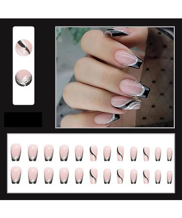Groovy Nights Silver Glitter Swirl Long Coffin Fake Nails with Glue - 24PCS Set - Buy Online on GoSupps.com