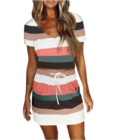 Ganfancp Women's V-Neck Striped Mini Dress with Pocket - Orange Summer Dress - Buy Online on GoSupps.com