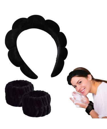 Gugugo headband wristw joint Set hair band cosmetics headband Skincare make -up hair band sponge and terry fabric headband for skin care facial cleaning shower black 3 pieces