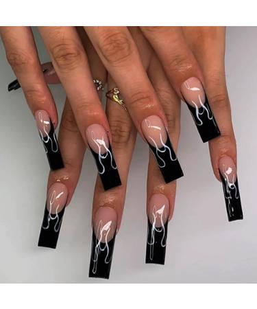 Brishow artificial nails French nails to stick on flame press on nails pink long wrong nails 24 pieces for women and girls pink and black