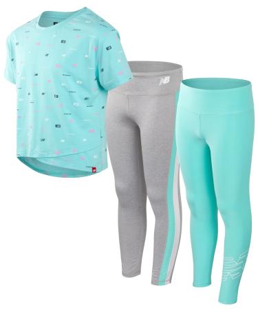 New Balance Girls Active Leggings Set  3 Piece T-Shirt, and Leggings Activewear Set Surf/Grey/Surf 14-16
