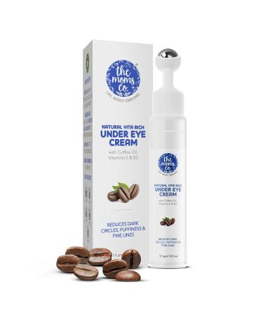 The Moms Co. Natural Vita Rich Under Eye Cream for Dark Circles and Puffiness for Women Suitable for Delicate Skin Under Eye Area Soothing Massage Roller with Coffee Oil Vitamins E & B3 15 gm