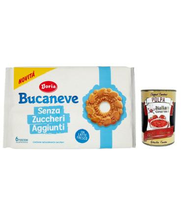 Doria Bucaneve Senza Zuccheri Aggiunti no added sugar shortcrust pastry biscuits with fresh milk 263 g pack each pack contains 6 individual portions + Polpa di Pomodoro Italian