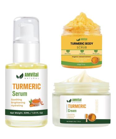 AMVital Turmeric Skincare Set - Scrub Serum Cream - Handcrafted All-Natural - Suitable for All Skin Types
