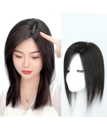 U-Part Silk Base Real Human Hair Topper Side Part Clip in Hairpiece Straight Seamless Wiglet Replacement for Women Hair Loss (Left Part 32cm Black)