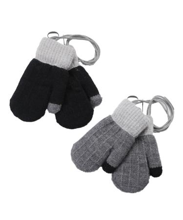 2Pairs Toddler Warm Knitted Mittens with String Winter Thick Thermal Full Finger Gloves Baby Colorful Stretch Magic Glove Fluffy Mitten Hanging Neck Ski Snow Gloves for Boys Girls Ages 0-3 Years Black + Grey