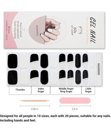 Semi Cured Gel Nail Wraps - 20 Pcs Salon-Quality Manicure Set in Black White | Long Lasting & Easy to Apply/ Remove | Includes Nail File & Cuticle Stick - Buy Online on GoSupps.com