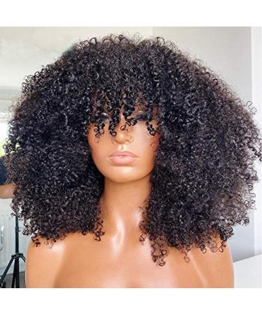 ARUKIHAIR Afro Kinky Curly Wig With Bangs Full Machine Made Scalp Top Wig 200 Density Virgin Brazilian Short Curly Human Hair Wigs Natural Color 20 inch 20 Inch (Pack of 1)