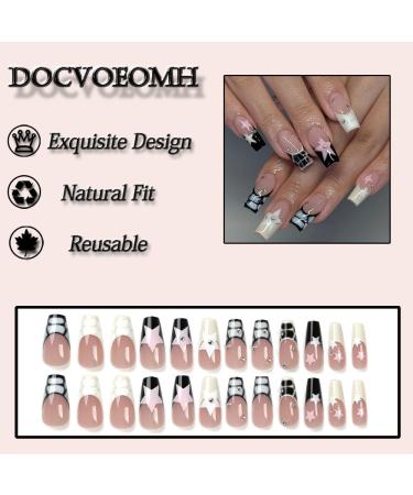 Y2K Press on Nails - Medium Long Coffin French Tips with Rhinestones | 24 Pcs White Pink Star Ballerina False Acrylic Nails for Wedding | Full Cover Glue-on Design - Buy Online on GoSupps.com