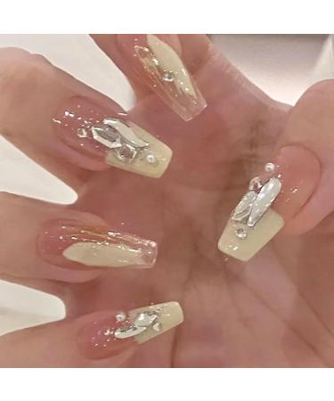 24Pcs/Set Press On Nails Cream Graffiti French Diamond Explosion Shining Long False Nails Acrylic Fake Nails Tips Artificial Finger Manicure Press on nails for Women and Girls Reusable Glossy - Buy Online on GoSupps.com