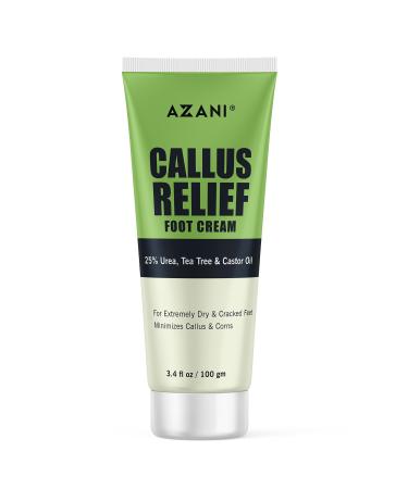 Azani Callus Relief Foot Cream | 25% Urea, Castor & Tea Tree Oil| for Callus & Corns, Extreme Cracked Feet, Hands, Heels, Elbows, Nails, Knees| Intensive Exfoliator & Moisturizer| 3.5 Oz, 1 Pack 100 gm