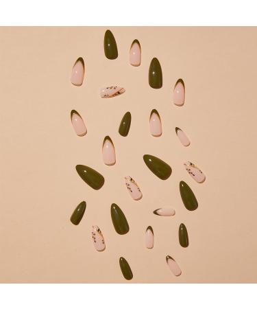 Buy Fall Press on Nails - Medium Almond Green Leaf Design - 24 Pcs Full Cover Glitter French Fake Nails for Women & Girls - Buy Online on GoSupps.com