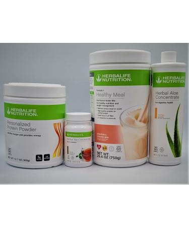 HERBALIFE Formula 1 Four Combo (Strawberry Cheesecake 750g) Healthy Nutritional Shake Mix-Herbal Aloe Concentrate Pint 473ml-PERSONALIZED Protein Powder 360g and Herbal Tea Concentrate 51g