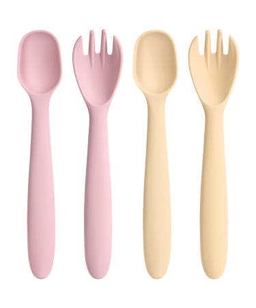 HOTUT Self-Feeding Weaning Spoons Forks 4pcs Silicone Baby Spoons Forks Toddler Utensils Spoons Forks Baby Fork and Spoon Set Easy Grip Bendable Perfect Self Feeding Spoon Fork - Pink Yellow