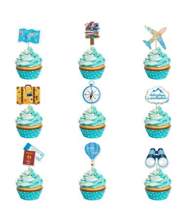 27 Pieces Travel Themed Cupcake Toppers Plane Card Let the Adventures Begin Cake Toppers for Travel Birthday Retirement Career Change Baby Shower Party Supplies