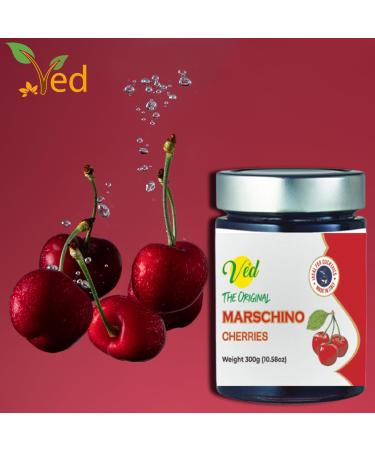 Ved Gourmet Original Red Maraschino Cherries - Vegan Italian Cocktail Bourbon Cherries - 300g Jar - Buy Online on GoSupps.com