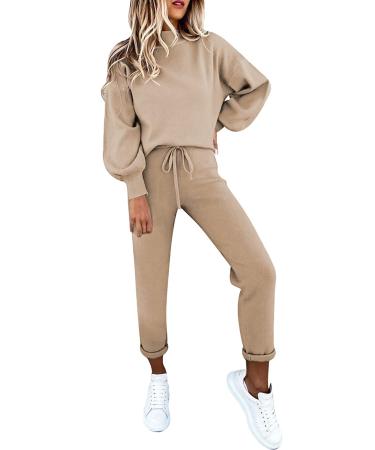 Fixmatti Women's 2 Piece Outfits Long Sleeve Pullover Sweatshirt Jogger Pants Sweatsuit 01-khaki Small