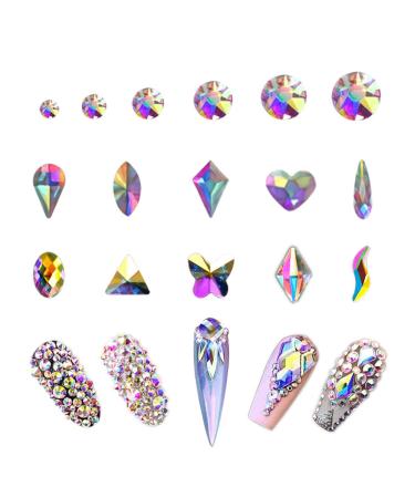 AB Crystal Rhinestones Set (1728+100Pcs), Round & Multi-Shape AB Glass Rhinestone, Flatback AB Crystals for Nails, Clothes, Face, Jewelry | Aurora Borealis AB 100