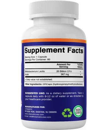 Vitamatic Bifidobacterium lactis - 20 Billion per DR Capsule - 60 Count - Digestive Support - Made with Prebiotic Inulin Fiber - 2 Pack (120 Count) - Buy Online on GoSupps.com