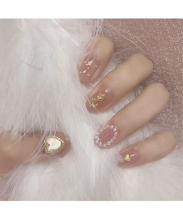 Sethexy short oval false fingernails pink false nails gold nails glossy glossy pearl nails with glue 24st acrylic art nail tips to press on for women and girls