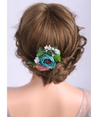 Deniferymakeup Bloomy Daisy Flower Hair Comb Rose flower Wedding Bridal Photo Shoot Greenery Headpiece for wome(Red and Deep Blue)