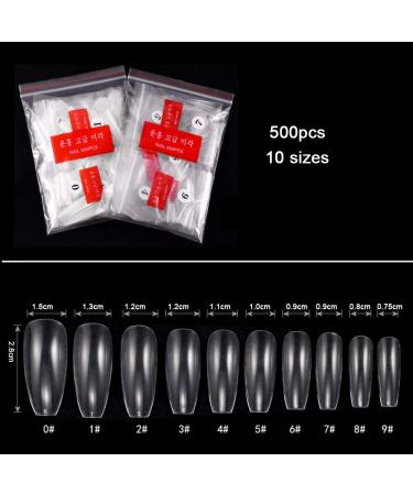 500 Ballerina Coffin Shape False Nails - Transparent Artificial Fingernails for DIY Nail Art & Studios - 10 Sizes Available - Buy Online on GoSupps.com