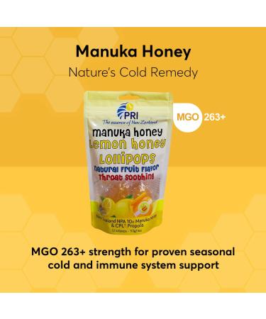 PRI Manuka Honey Lollipops with Propolis  Certified MGO 263+ - Throat Soothing  Lemon Flavor  (12 Lollipops  4oz) - Buy Online on GoSupps.com