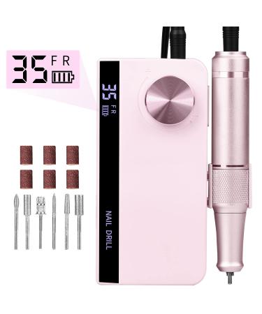 Nail milling mills for gel nails electrical 35000 RPM rechargeable portable electrical nail file storage function low Heat mute break pedicure set foot care electrical 6 tips bidirectional rotation pink.