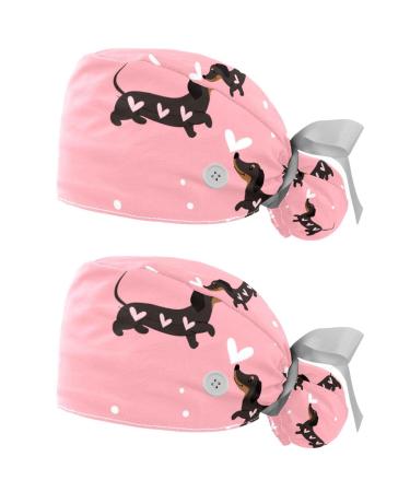 Dachshund Dogs and Hearts Scrub Caps Hats Women Bouffant Working Hat Ponytail Holder for Women Long Hair Covers 2PCS Multicolor