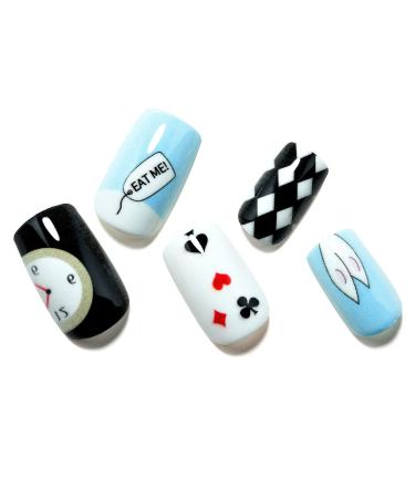 Press on Nails Medium Short Square GLAMERMAID, Black White Fake Nails with Design Checkerboard Acrylic False Nail Kits Stick Glue on Nails Sets for Women Reusable Full Cover Gel Nails 24Pcs B3-Poker Game