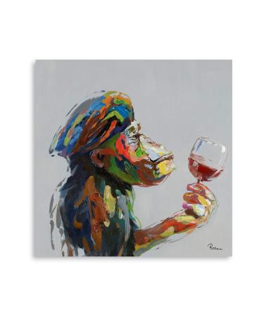 Yidepot Monkey Wall Art Canvas Thinking: Monkey Painting on Canvas Drinking Wine Wall Art for Living Room Office Framed Ready to Hang (30 x 30 cm) 30x30CM Monkey Wine
