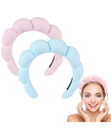 TAOTOP 2 Pack Spa Headband for women Cute Hair Band for Women Shower Sponge Terry Cloth Headband Suitable for Skin Care Face Wash Makeup Hair Accessories (Pink & Blue)