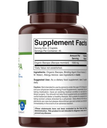 Brieofood Organic Bacopa 1500mg 45 Servings Vegetarian Gluten Free 90 Vegetarian Tablets 90 Count (Pack of 1) - Buy Online on GoSupps.com