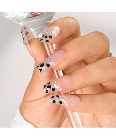 Sethexy French long coffin false nails Handmade Strass pearl glossy false nails leopard print nails to press acrylic glitter nail art in salon quality for women and girls