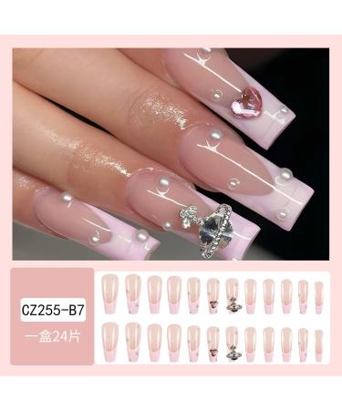 French Tip Press on Nails - Long Square Press On Nails with Nail Tips Love Heart crystal powder rhinestone Planet pattern Design Glossy white press on nails Acrylic False Nails Cute Artificial Nails - Buy Online on GoSupps.com
