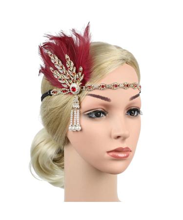 STIOEDYUAN Vintage 1920s Flapper Headband | Great Gatsby Feather Headpiece - Roaring 20s Leaf Tiara Hair Accessory (Red) - Buy Online on GoSupps.com