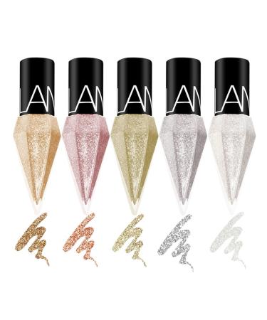 Bagima glitter fluid eyeliner 5 pieces diamond glossy eyes shadow set waterproof durable shimmering eyeshadow fluid metallic high pigmented smudge -prof eyeliner