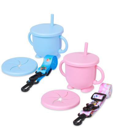 Mytium Snack Cups for Toddlers 2 in 1 Silicone Snack Cup+Straw with Adjustable Strap 2PCS No Spill Toddler Snack Containers Baby Training Cup for Toddler and Baby 6 Month+(Blue+Pink)