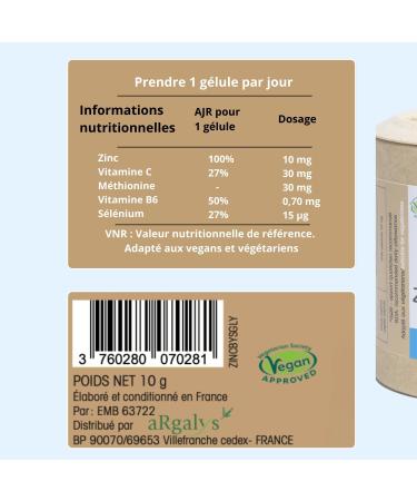 Zinc Bisglycinate + Vitamin B6 - 100% AR per day - High Absorption - Food Supplement Immunity Skin Hair Acne - Cure 2 Months 60 Vegetable Capsules - Made in France Argalys - Buy Online on GoSupps.com