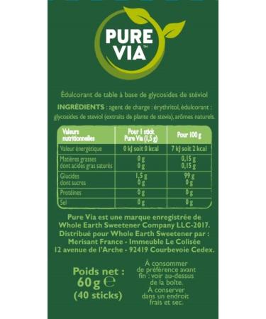 PURE VIA - Box of 40 sticks Stevia Powder Zero Calorie - Buy Online on GoSupps.com