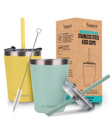 Tweevo Kids Tumblers with Spill-Proof Screw Lids - Tumbler 8.5 oz. Stainless Steel Cups With Straws and & Straw Brush Adorable Spill Proof for 2 Pack Blue Yellow