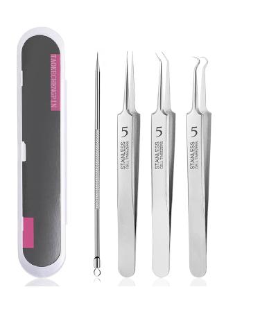 4pcs Blackhead Remover Tweezers Pimple Popper Tool Kit Extractor Acne Removal Kit Pimple Popper Tool Clip for Whiteheads Acne Clip Ingrown Hairs Tweezers Blackheads Remover Extractor Stainless Steel