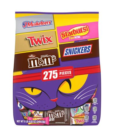 M&M'S Milk Chocolate, SNICKERS Chocolate Candy Bars, TWIX Caramel Cookie Bars, STARBURST Chewy Candy & 3 MUSKETEERS Chocolate Candy Bars Bulk Assorted Halloween Candy - 5lbs/275 Pieces 275 Count (Pack of 1)