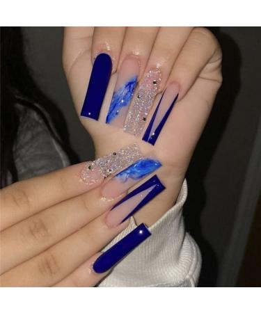 JUSTOTRY 24 Pcs Glitter False Nails Long Dark Blue French Press on Nails Patterns Ballerina Stick on Nails for Women Acrylic Coffin Diamante Fake Nails Medium with Glue for Nail Art blue&diamond 1